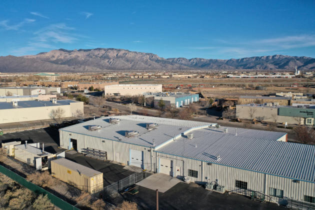 An aerial view of BayoTechs 15,000-square-foot facility near the Albuquerque Balloon Fiesta Park.