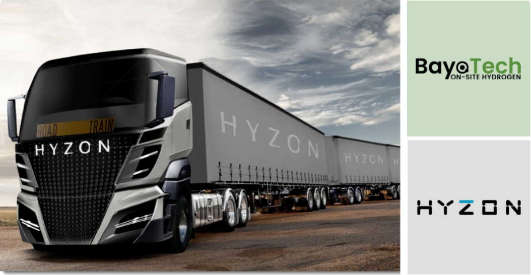 Hyzon Vehicle Rendering shown next to BayoTech and Hyzon Logos